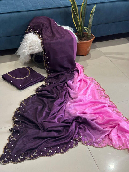 Pure Soft Chinon Peding Silk Saree with Cutt Dana & Moti Handwork