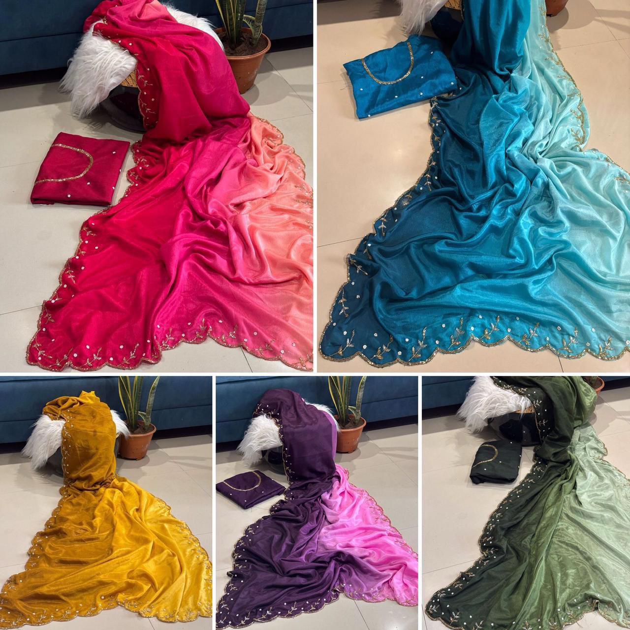 Pure Soft Chinon Peding Silk Saree with Cutt Dana & Moti Handwork