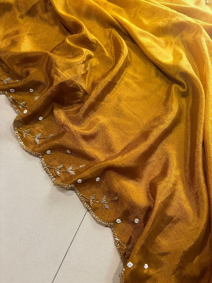 Pure Soft Chinon Peding Silk Saree with Cutt Dana & Moti Handwork