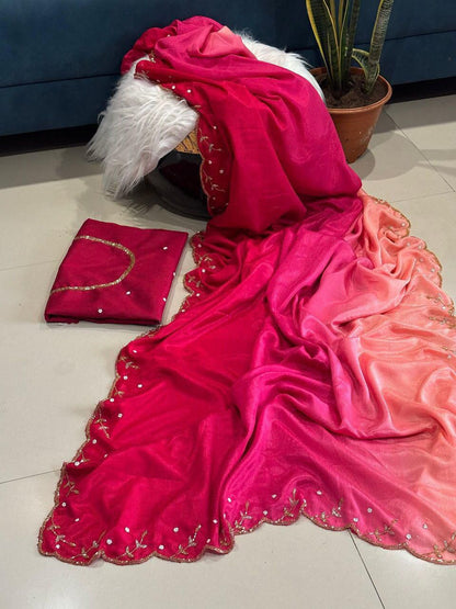 Pure Soft Chinon Peding Silk Saree with Cutt Dana & Moti Handwork
