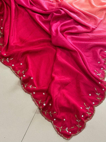 Pure Soft Chinon Peding Silk Saree with Cutt Dana & Moti Handwork