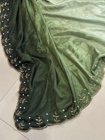 Pure Soft Chinon Peding Silk Saree with Cutt Dana & Moti Handwork
