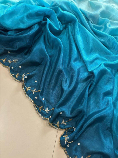 Pure Soft Chinon Peding Silk Saree with Cutt Dana & Moti Handwork