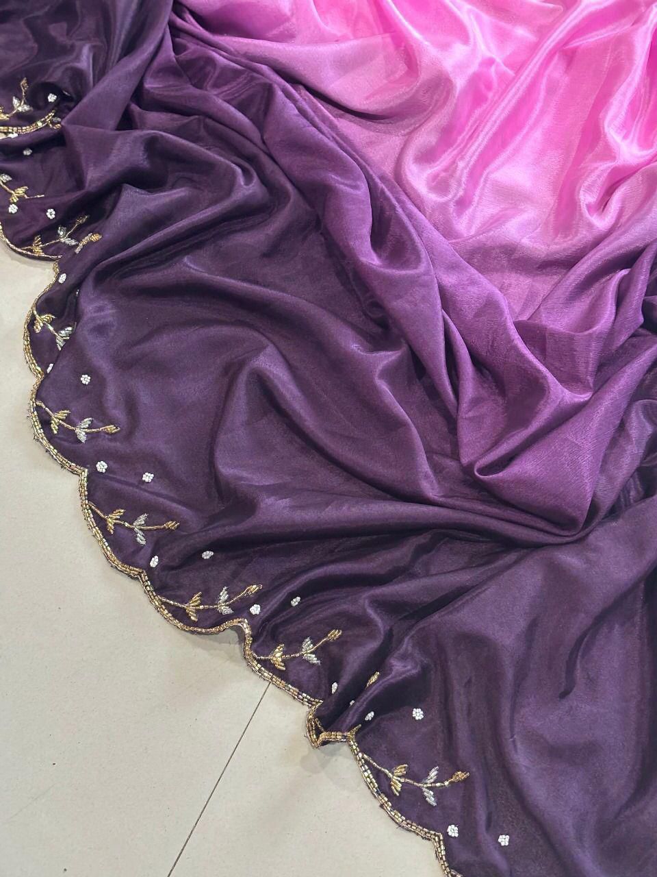 Pure Soft Chinon Peding Silk Saree with Cutt Dana & Moti Handwork