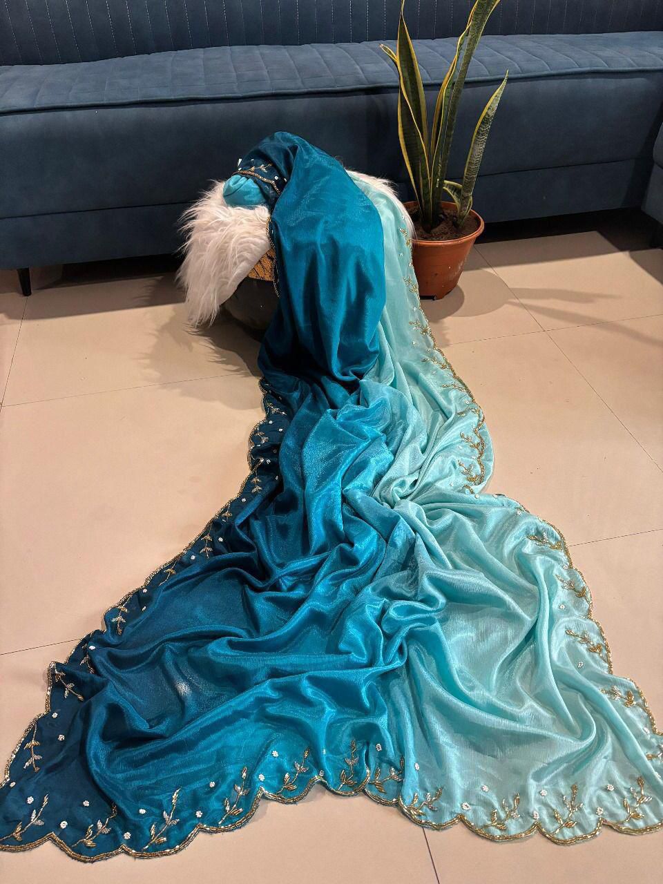 Pure Soft Chinon Peding Silk Saree with Cutt Dana & Moti Handwork