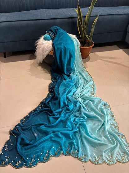 Pure Soft Chinon Peding Silk Saree with Cutt Dana & Moti Handwork