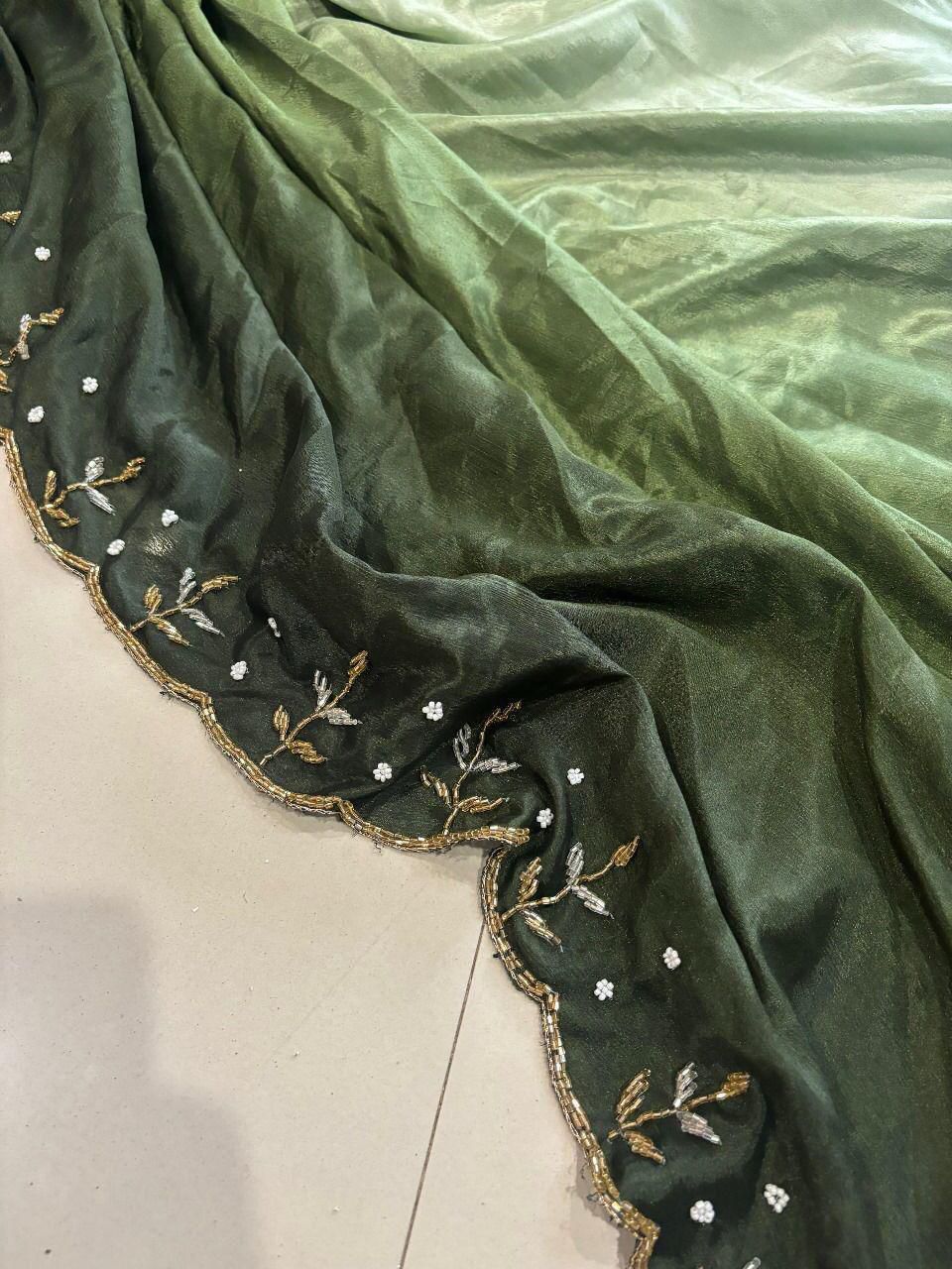 Pure Soft Chinon Peding Silk Saree with Cutt Dana & Moti Handwork