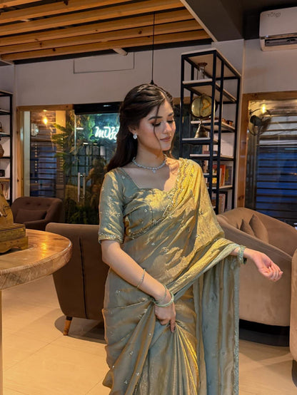 Sage Green Golden Tissue Silk Saree with Sequin Butti Work & Designer Blouse