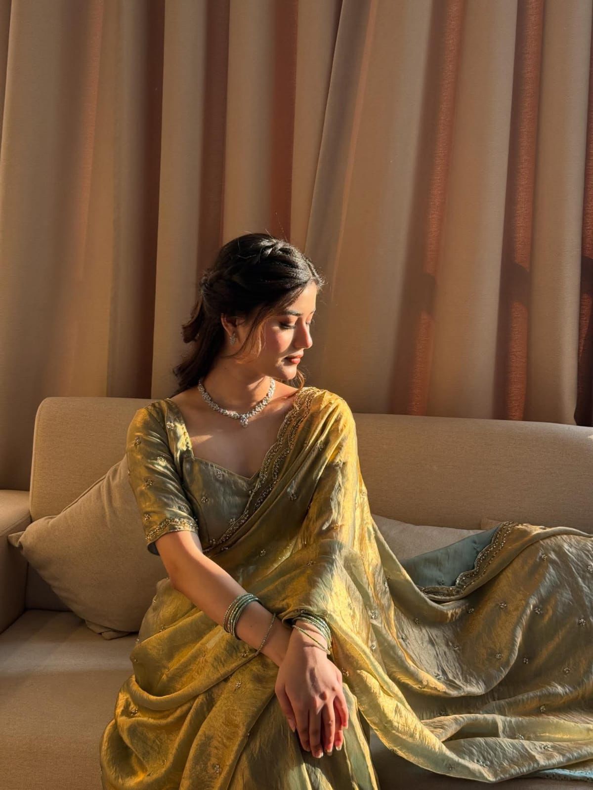 Sage Green Golden Tissue Silk Saree with Sequin Butti Work & Designer Blouse