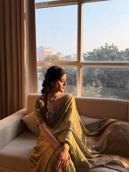 Sage Green Golden Tissue Silk Saree with Sequin Butti Work & Designer Blouse