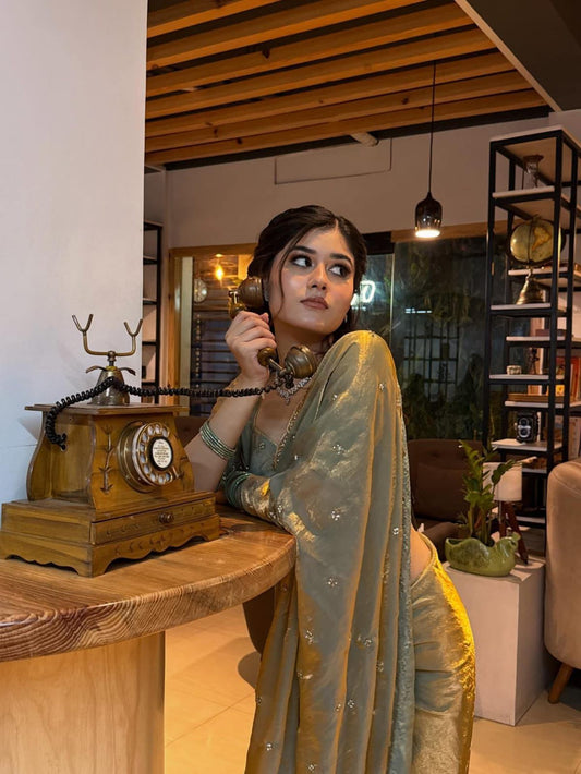 Sage Green Golden Tissue Silk Saree with Sequin Butti Work & Designer Blouse