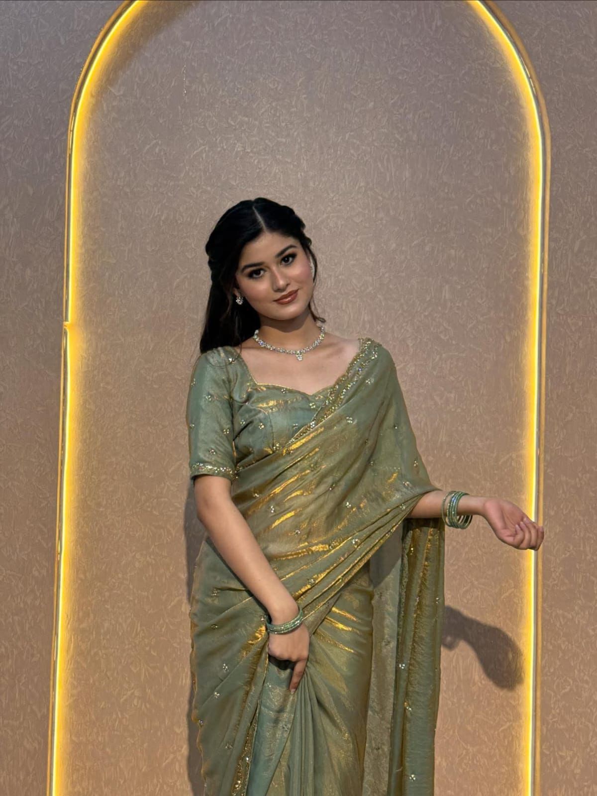 Sage Green Golden Tissue Silk Saree with Sequin Butti Work & Designer Blouse