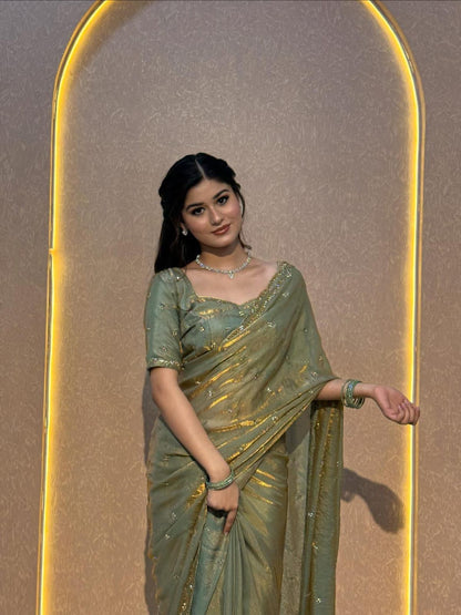 Sage Green Golden Tissue Silk Saree with Sequin Butti Work & Designer Blouse
