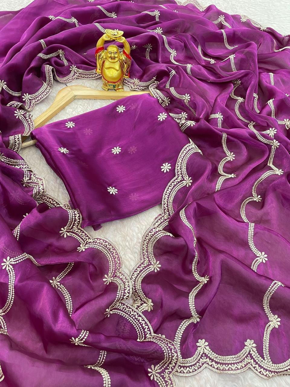 Georgette Embroidered Saree with Scallop Border for Women