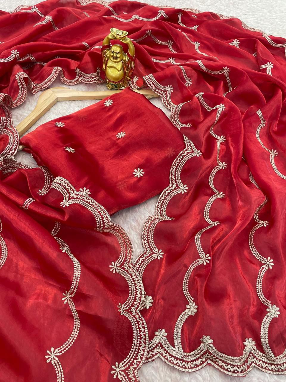 Georgette Embroidered Saree with Scallop Border for Women