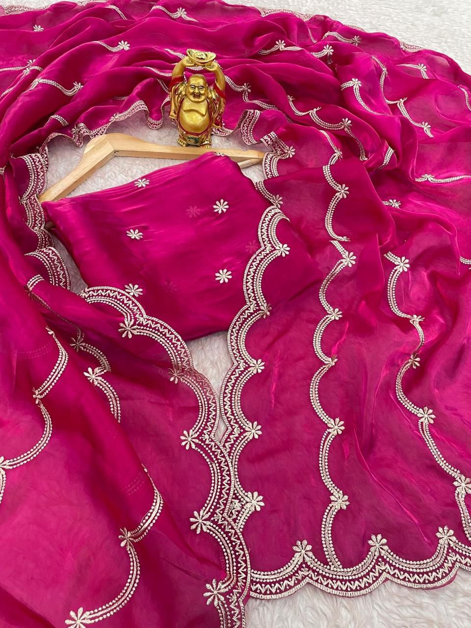 Georgette Embroidered Saree with Scallop Border for Women