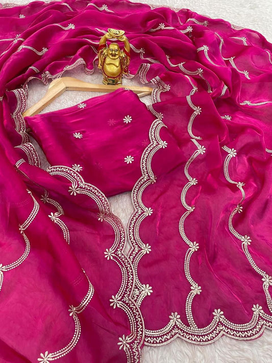 Georgette Embroidered Saree with Scallop Border for Women