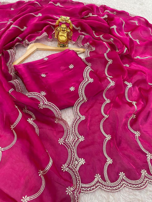 Georgette Embroidered Saree with Scallop Border for Women